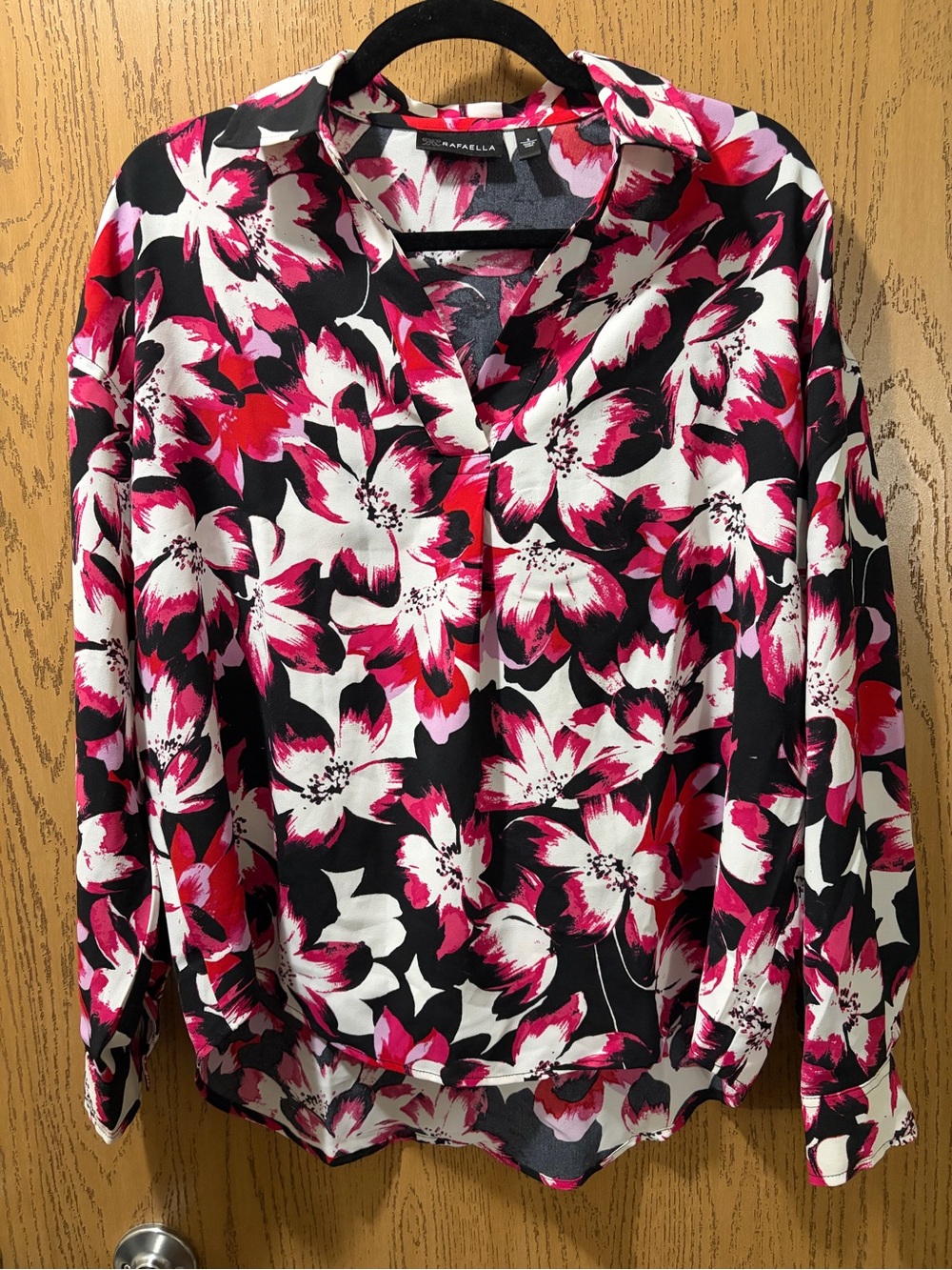 Rafaella Pink Black White Floral V-Neck Blouse